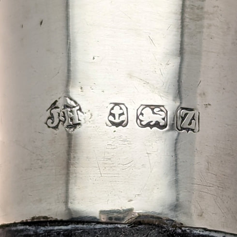 1924 British Vintage Men's Walking Stick, Sterling Silver, Round Handle, Black Shaft, 91.5cm